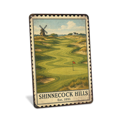 Rustic metal sign featuring a vintage stamp-style illustration inspired by Shinnecock Hills
