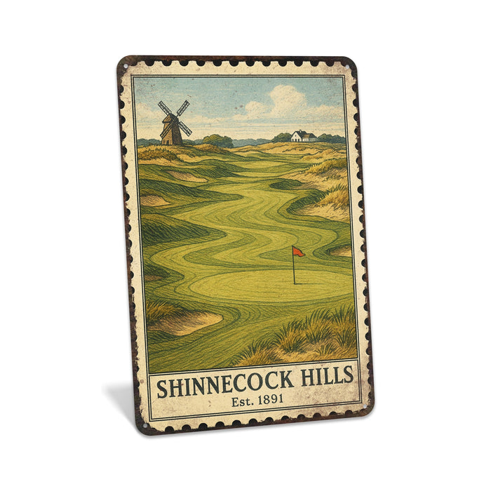Rustic metal sign featuring a vintage stamp-style illustration inspired by Shinnecock Hills
