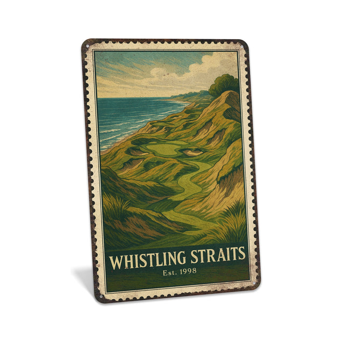 Rustic metal sign featuring a vintage stamp-style illustration inspired by Whistling Straits