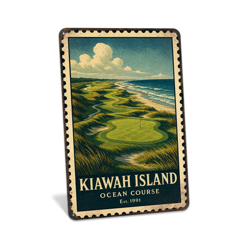 Rustic metal sign featuring a vintage stamp-style illustration inspired by Kiawah Island