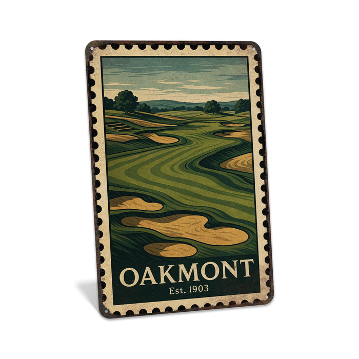 Rustic metal sign featuring a vintage stamp-style illustration inspired by Oakmont