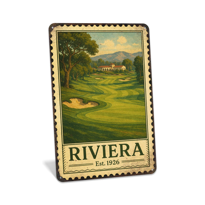 Rustic metal sign featuring a vintage stamp-style illustration inspired by Riviera