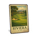 Rustic metal sign featuring a vintage stamp-style illustration inspired by Riviera