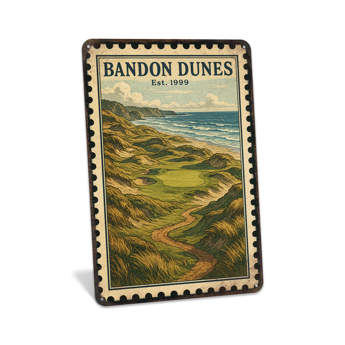 Rustic metal sign featuring a vintage stamp-style illustration inspired by Bandon Dunes