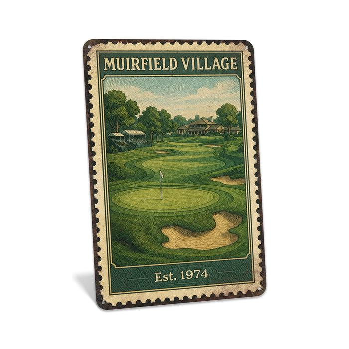 Rustic metal sign featuring a vintage stamp-style illustration inspired by Muirfield Village