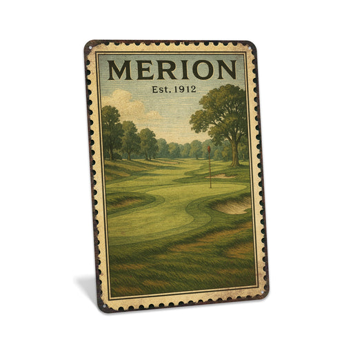 Rustic metal sign featuring a vintage stamp-style illustration inspired by Merion