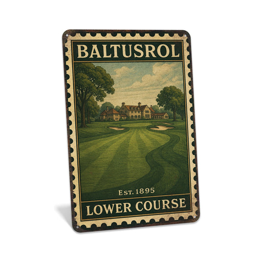 Rustic metal sign featuring a vintage stamp-style illustration inspired by Baltusrol