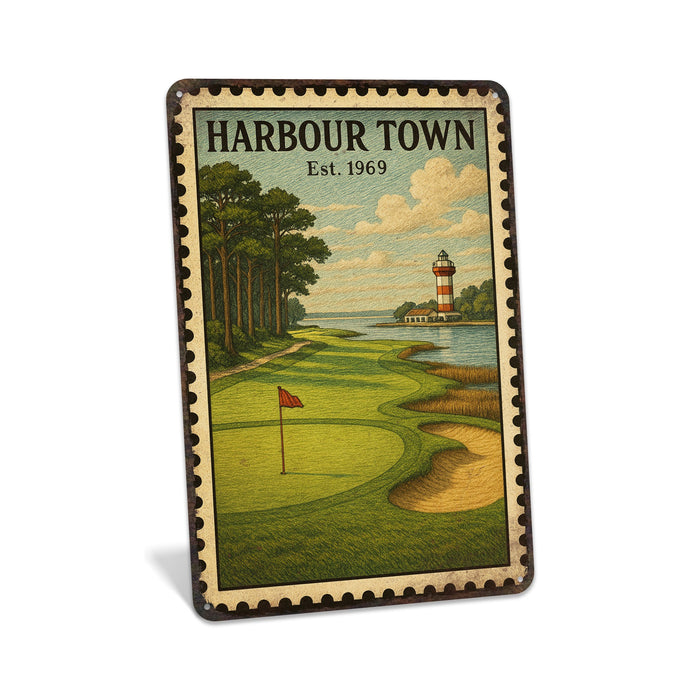 Rustic metal sign featuring a vintage stamp-style illustration inspired by Harbour Town