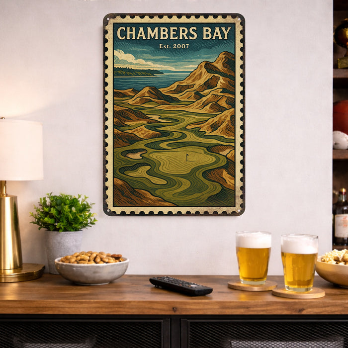 Chambers Bay Vintage Golf Course Stamp Metal Sign