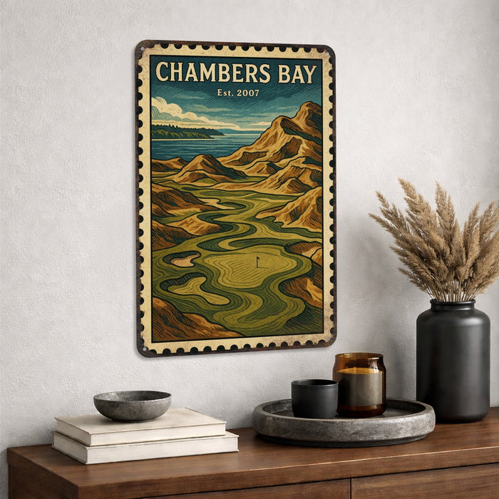Chambers Bay Vintage Golf Course Stamp Metal Sign