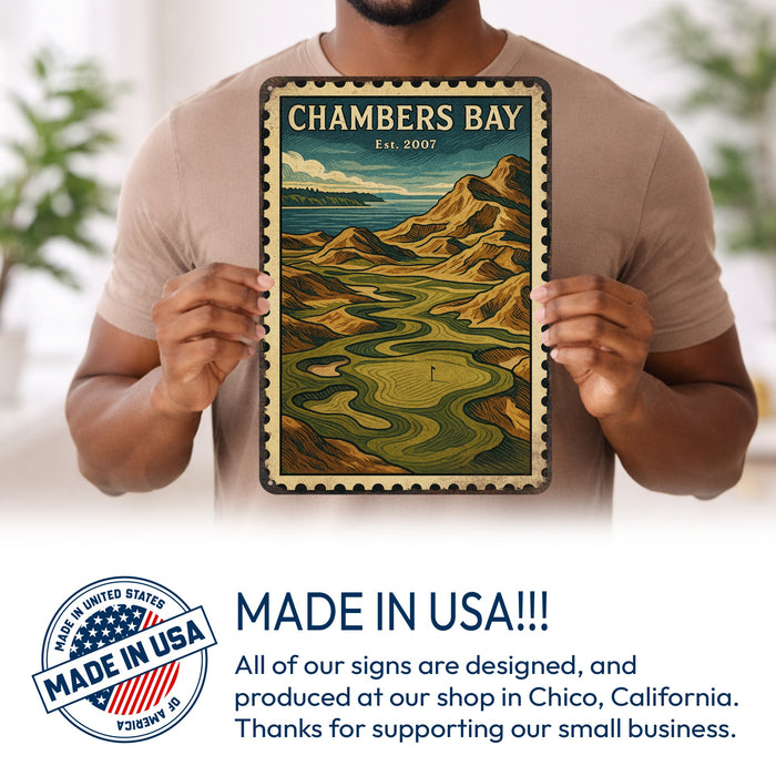 Chambers Bay Vintage Golf Course Stamp Metal Sign