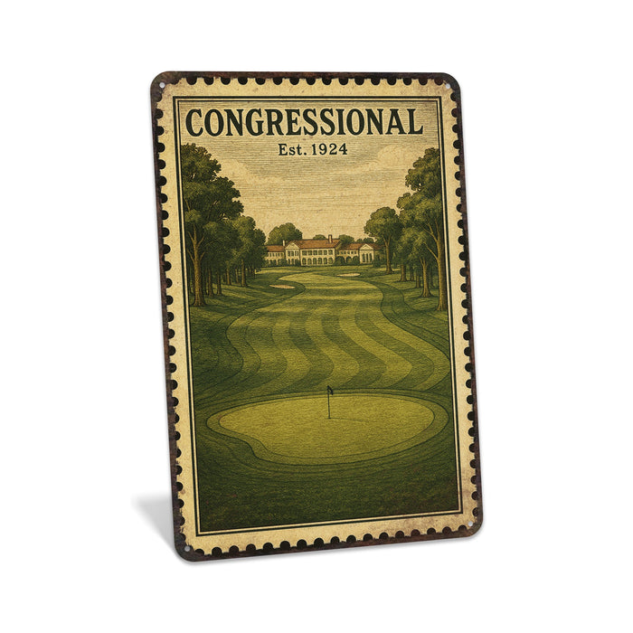 Rustic metal sign featuring a vintage stamp-style illustration inspired by Congressional