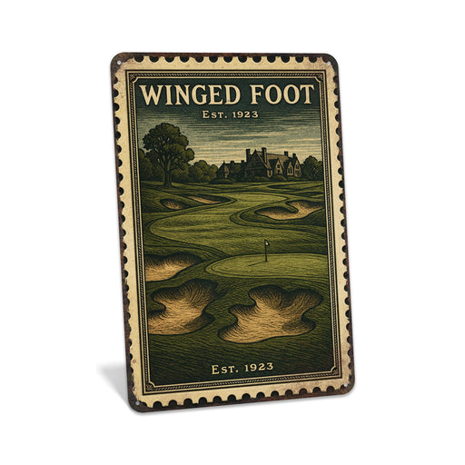 Rustic metal sign featuring a vintage stamp-style illustration inspired by Winged Foot