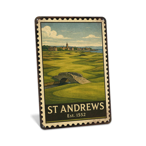 Rustic metal sign featuring a vintage stamp-style illustration inspired by St. Andrews