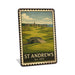 Rustic metal sign featuring a vintage stamp-style illustration inspired by St. Andrews