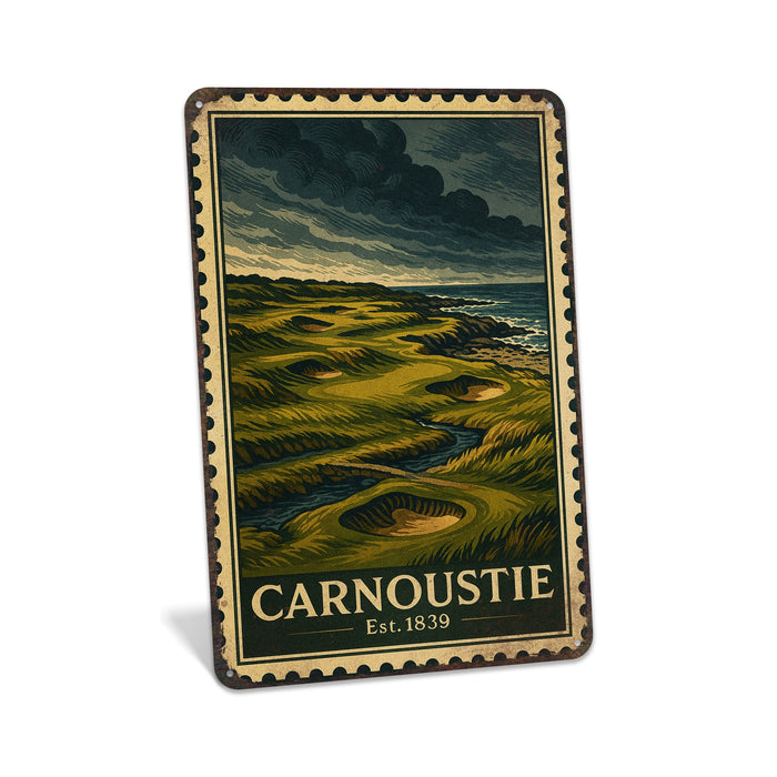 Rustic metal sign featuring a vintage stamp-style illustration inspired by Carnoustie