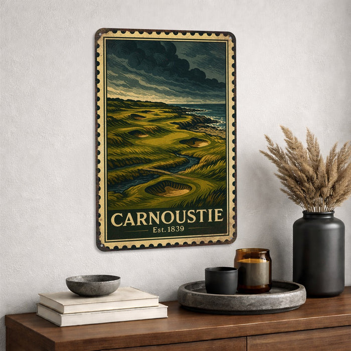 Carnoustie Vintage Golf Course Stamp Metal Sign