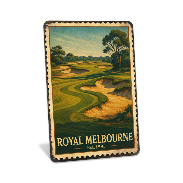 Rustic metal sign featuring a vintage stamp-style illustration inspired by Royal Melbourne