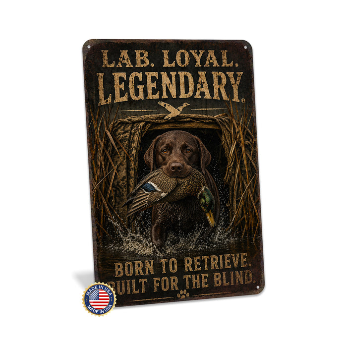 Chocolate Lab Loyal Legendary Bird Dog metal sign with vintage hunting style Chocolate Lab Loyal Legendary Bird Dog