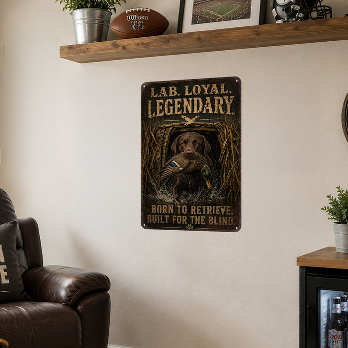 Chocolate Lab Loyal Legendary Bird Dog metal sign with vintage hunting style Chocolate Lab Loyal Legendary Bird Dog