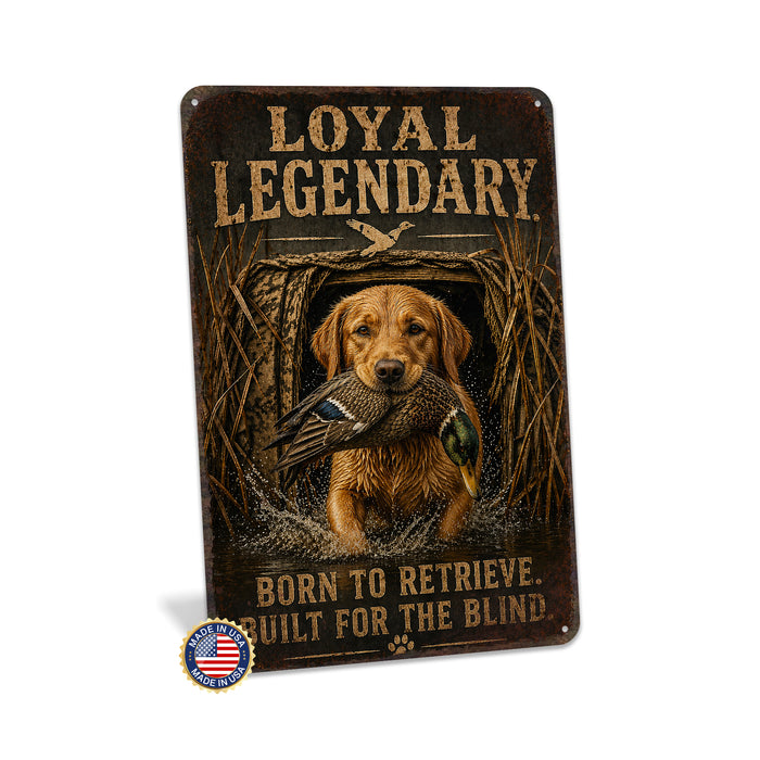 Yellow Lab Loyal Legendary Bird Dog metal sign with vintage hunting style Yellow Lab Loyal Legendary Bird Dog