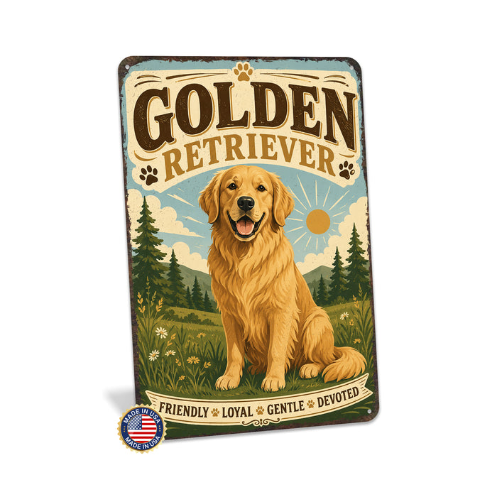 Golden Retriever metal sign with vintage breed portrait style Golden Retriever