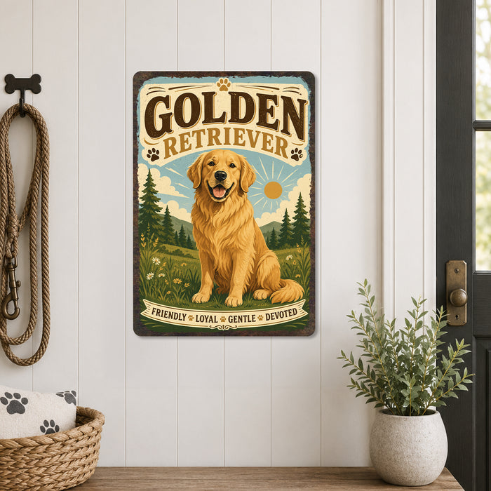Golden Retriever metal sign with vintage breed portrait style Golden Retriever