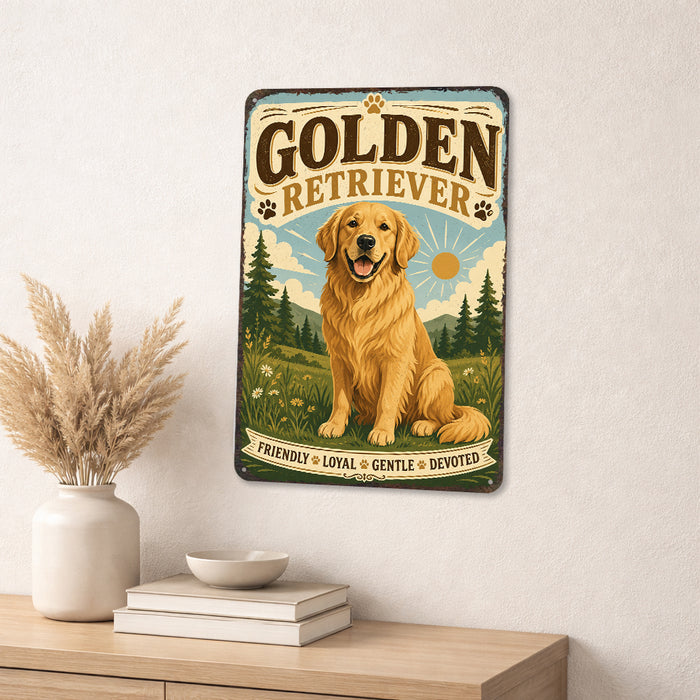 Golden Retriever metal sign with vintage breed portrait style Golden Retriever