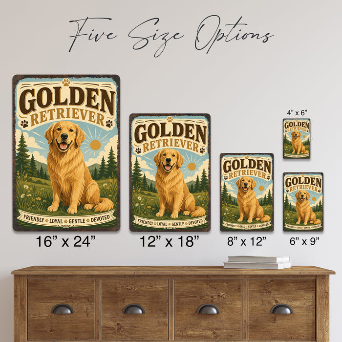 Golden Retriever metal sign with vintage breed portrait style Golden Retriever