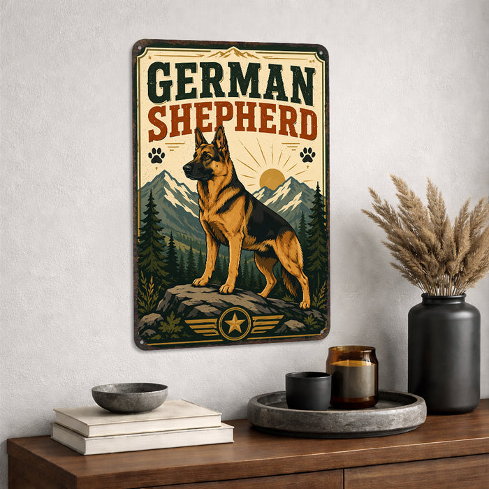 German Shepherd metal sign with vintage breed portrait style German Shepherd