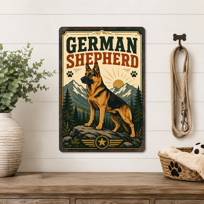 German Shepherd metal sign with vintage breed portrait style German Shepherd