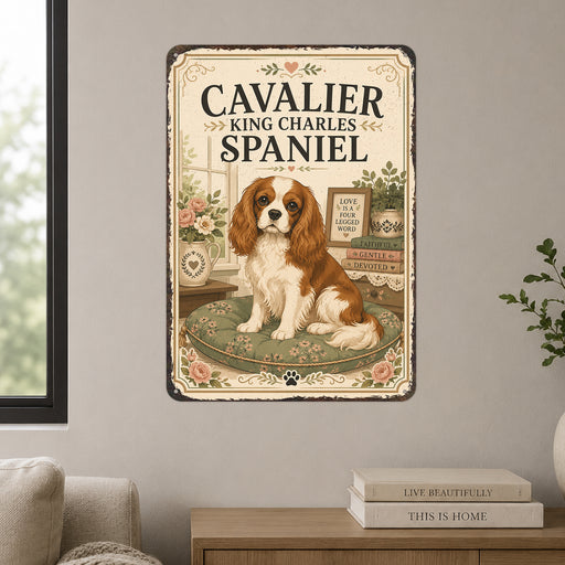 Cavalier King Charles Spaniel metal sign with vintage breed portrait style Cavalier King Charles Spaniel