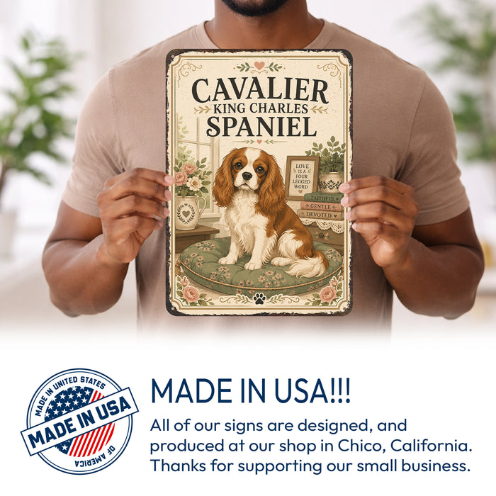 Cavalier King Charles Spaniel metal sign with vintage breed portrait style Cavalier King Charles Spaniel