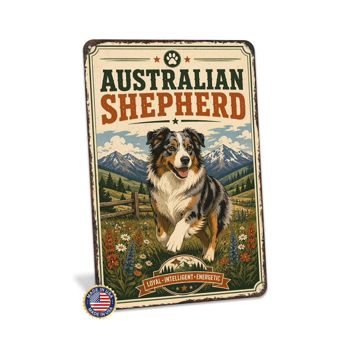 Australian Shepherd metal sign with vintage breed portrait style Australian Shepherd