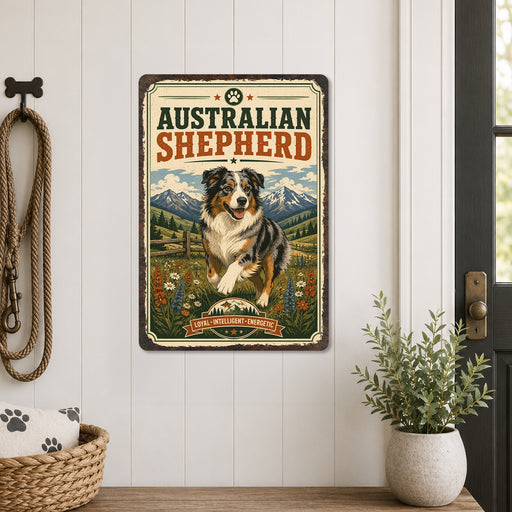 Australian Shepherd metal sign with vintage breed portrait style Australian Shepherd