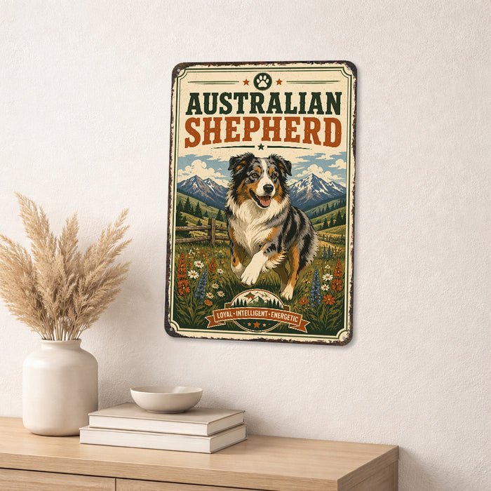 Australian Shepherd metal sign with vintage breed portrait style Australian Shepherd