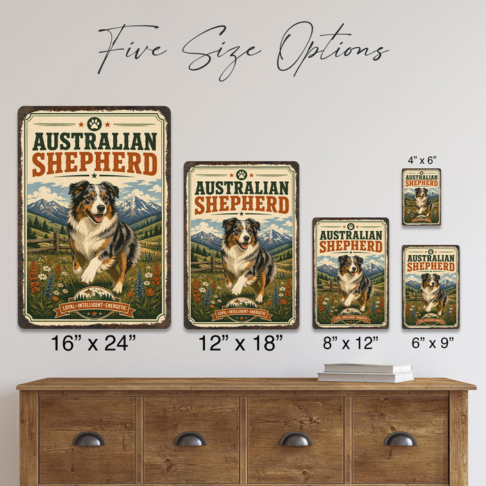 Australian Shepherd metal sign with vintage breed portrait style Australian Shepherd
