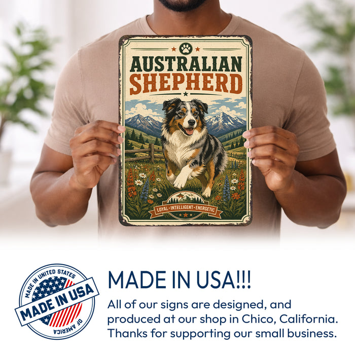 Australian Shepherd metal sign with vintage breed portrait style Australian Shepherd