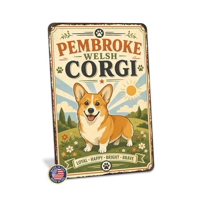 Pembroke Welsh Corgi metal sign with vintage breed portrait style Pembroke Welsh Corgi