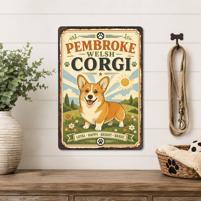Pembroke Welsh Corgi metal sign with vintage breed portrait style Pembroke Welsh Corgi