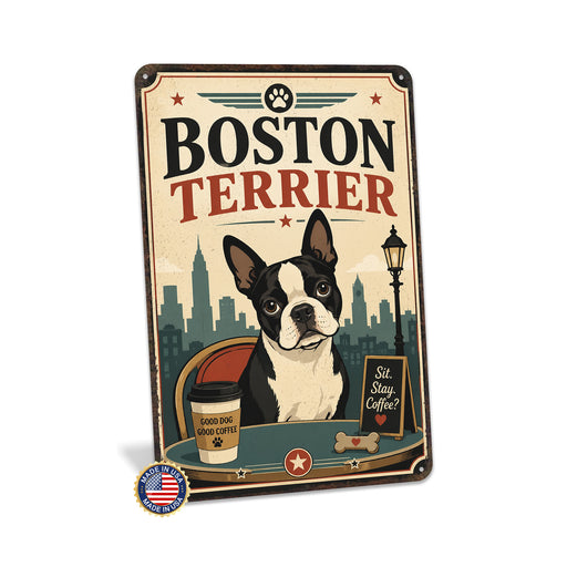Boston Terrier metal sign with vintage breed portrait style Boston Terrier