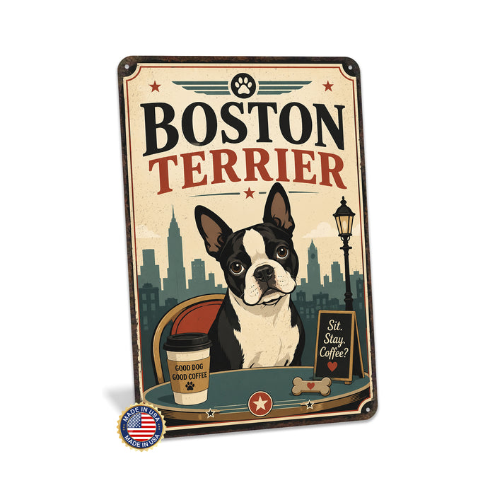 Boston Terrier metal sign with vintage breed portrait style Boston Terrier