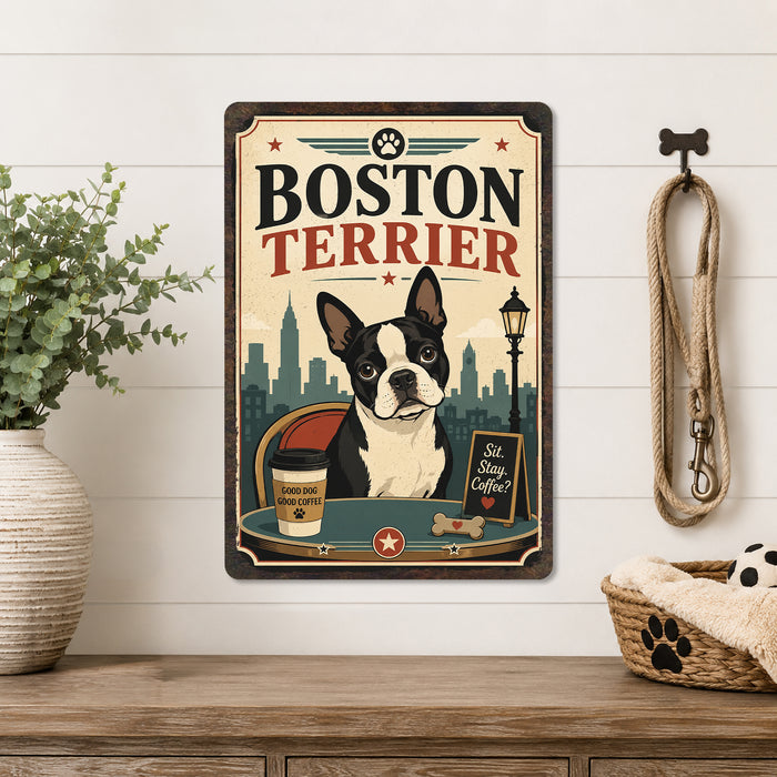 Boston Terrier metal sign with vintage breed portrait style Boston Terrier