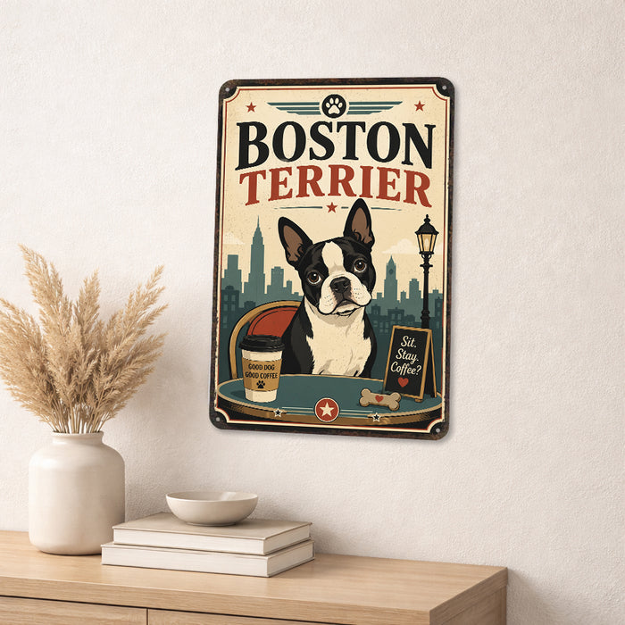 Boston Terrier metal sign with vintage breed portrait style Boston Terrier