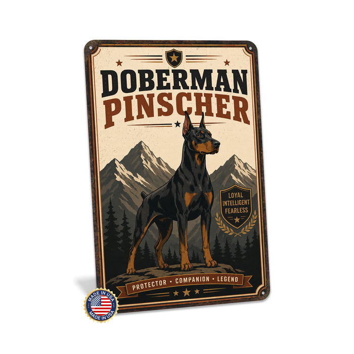 Doberman Pinscher metal sign with vintage breed portrait style Doberman Pinscher