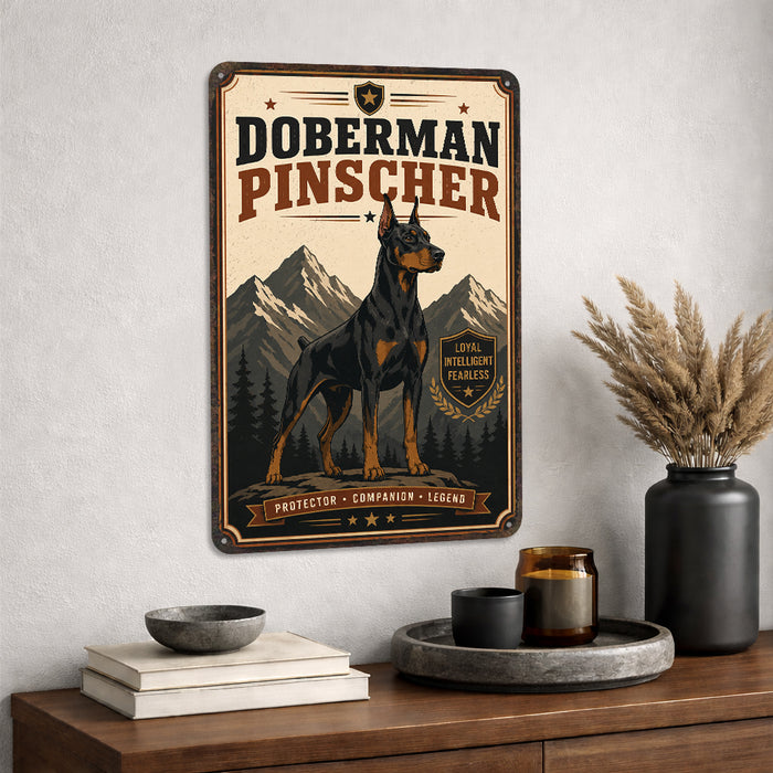 Doberman Pinscher metal sign with vintage breed portrait style Doberman Pinscher