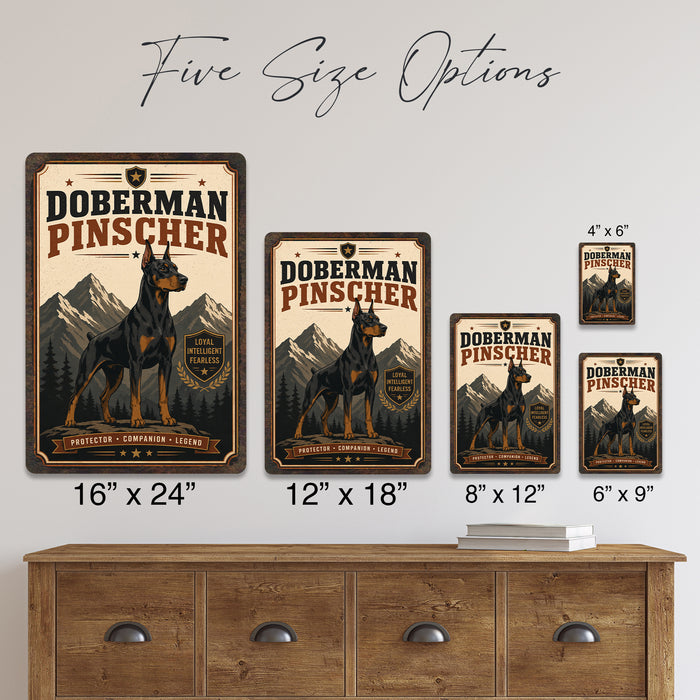 Doberman Pinscher metal sign with vintage breed portrait style Doberman Pinscher