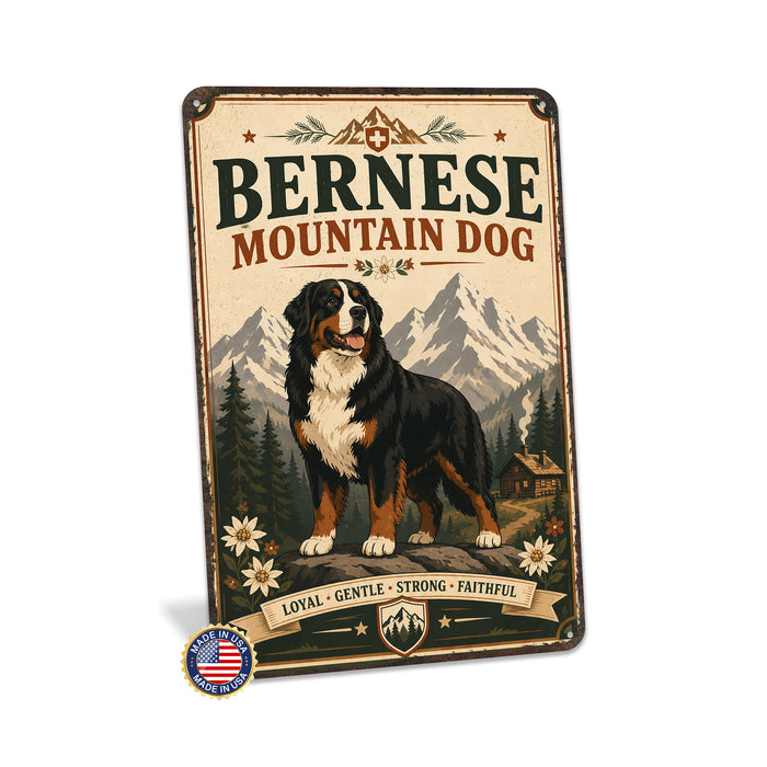Bernese Mountain Dog metal sign with vintage breed portrait style Bernese Mountain Dog