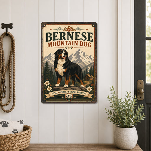 Bernese Mountain Dog metal sign with vintage breed portrait style Bernese Mountain Dog