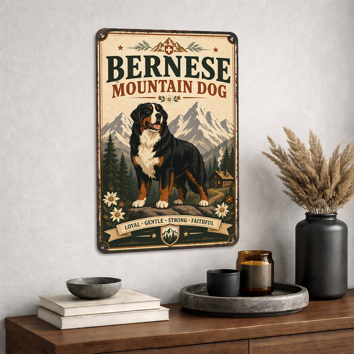 Bernese Mountain Dog metal sign with vintage breed portrait style Bernese Mountain Dog